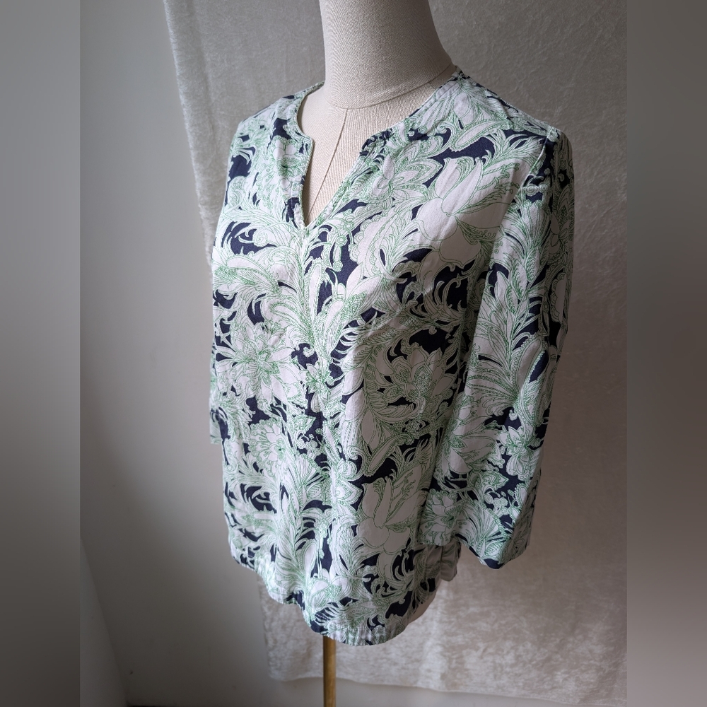Talbot's Petite Green Blue Botanical Leafs V Neck 3/4 Or 1/2 Sleeve EUC